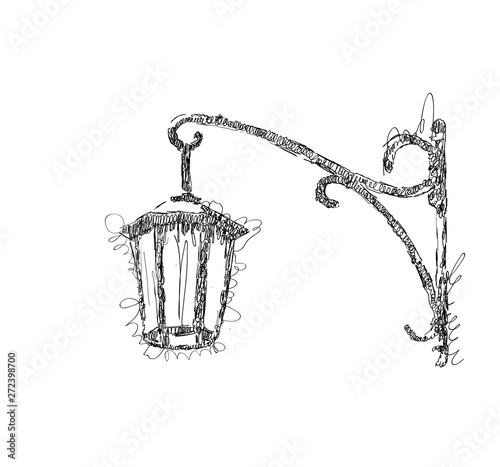 Vector sketch street lamp, lantern on white background, hand drawn illustration