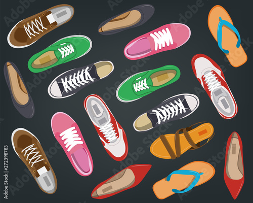 Men's and Women's shoes top view. Shoes icons. Sneakers and Slippers collection. Vector