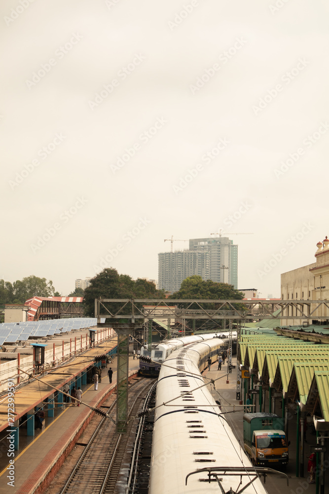 BANGALORE INDIA June 3, 2019 : Aerial view of passengers getting into the train at Indian Railway station Bangalore