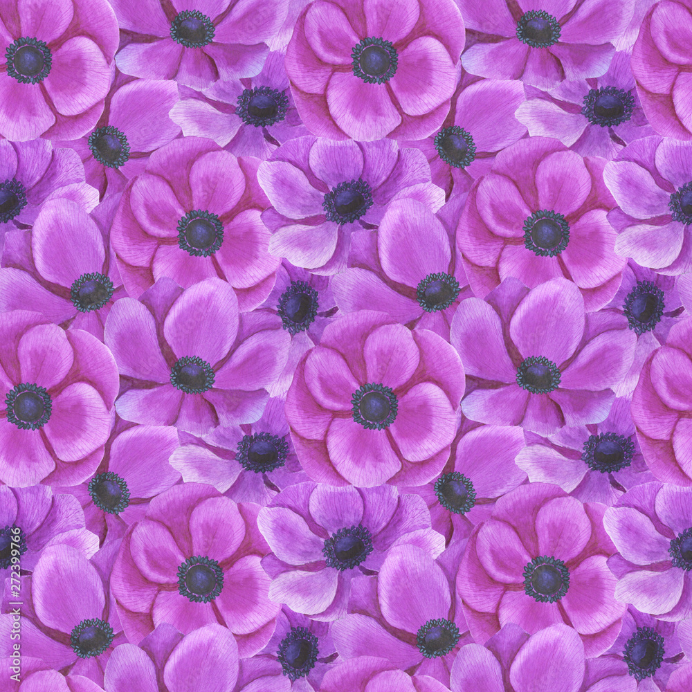 Fototapeta premium Seamless pattern with watercolor flowers Anemone Illustration of leaf sprigs Floral leaf textures handmade Digital paper Textile Wallpaper