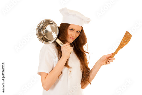 Beautiful Happy young chef cooks isolated over white