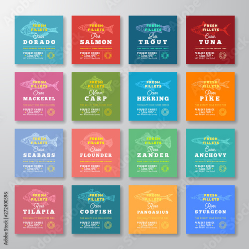 Fresh Fillets Premium Quality Labels Big Set. Abstract Vector Fish Packaging Design Layout. Retro Typography with Borders and Hand Drawn Fish Silhouette Background Collection.