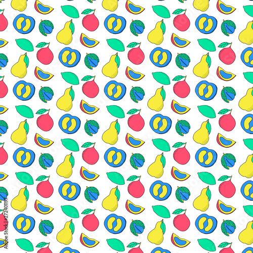 Tropical hand drawn fruits pattern. Cartoon summer background.