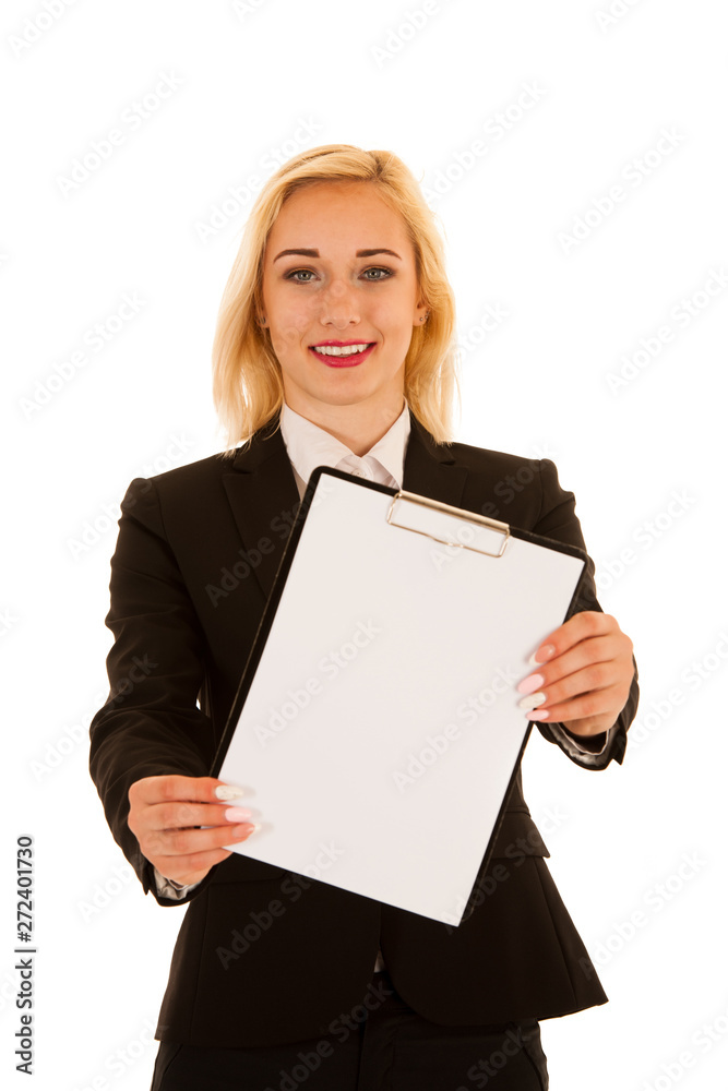 Attractive business woman hilding blank white banner isolated over white background Attractive business woman hilding blank white banner isolated over white background