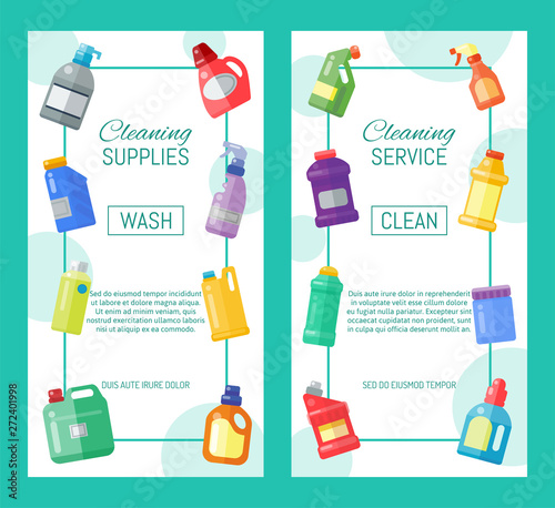 Cleaning supplies banner household bottle plastic liquid detergent product vector illustration. Cleaner disinfect equipment packaging. Cleanup care housekeeping fluid container. Housework tools.