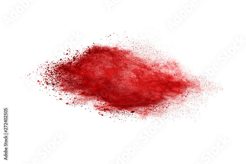 Red powder explosion on white background. Colored cloud. Colorful dust explode. Paint Holi.