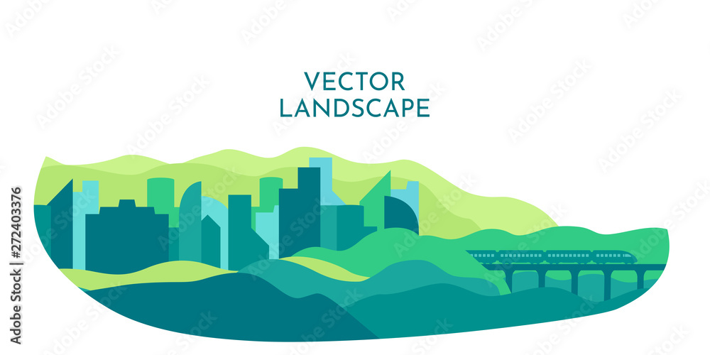 Vector minimalist wallpaper. Flat design. Landscape slopes and city
