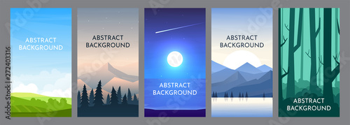 Set of wallpaper for vertical orientation. Vector abstract background. Minimalistic concept. Landscapes in a flat style with copyspace