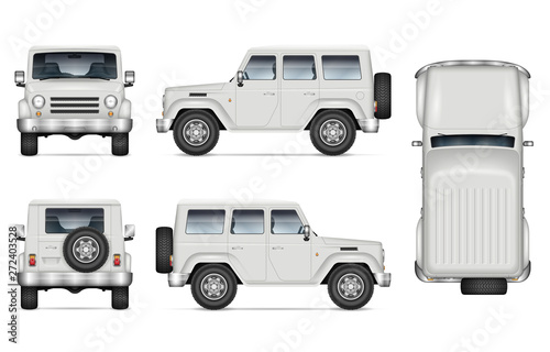SUV car vector mockup for vehicle branding, advertising, corporate identity. Isolated template of realistic offroad truck on white background. All elements in the groups on separate layers