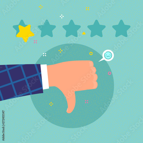 Hand with pointing finger pointing to rating stars. Flat design