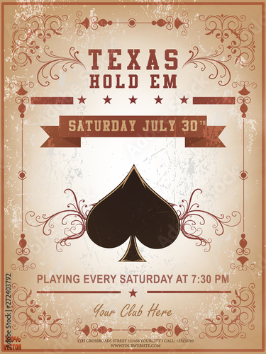 Poker Night party template or flyer design decorated with floral pattern, chips and playing cards element on grunge background. Design template with sample text for promoting your events