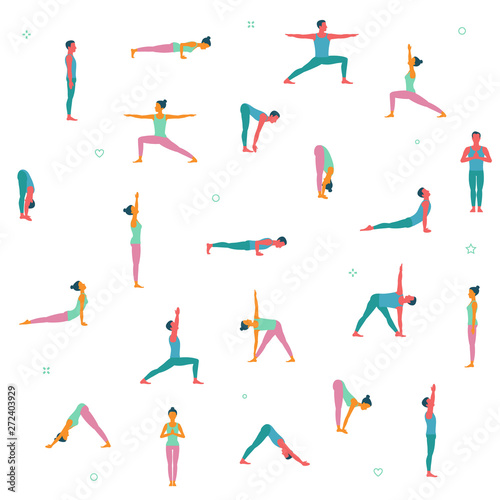 People cartoon character demonstrating various yoga positions.