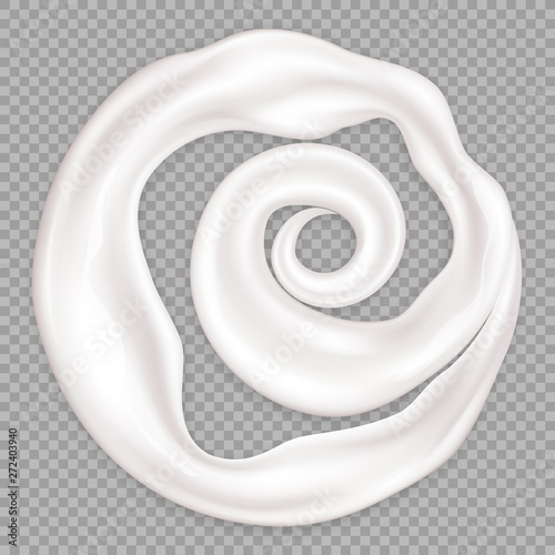 Milk splash. Swirl Cream texture. Realistic white splash isolated on transparent background. Vector illustration for advertising or packaging cosmetics or dairy products.