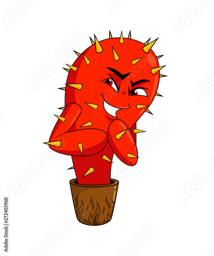 Cute red cunning cactus mascot. Funny happy plant character. Cartoon vector Illustration. Isolated on white background.