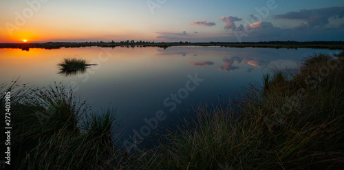 Fototapeta Naklejka Na Ścianę i Meble -  Sunset at National Park Dwingelderveld drente Netherlands. Moor and peatfields