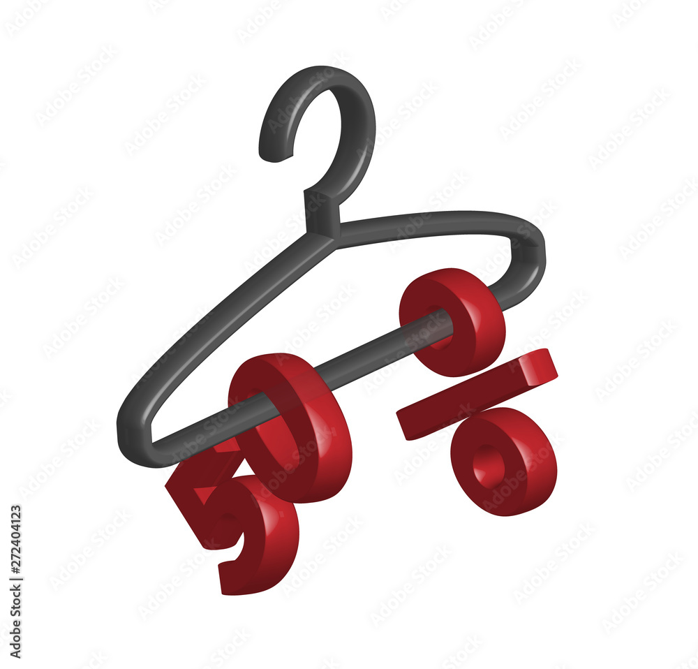 50 percent discount hanging on hanger. 3D visualization isolated on white. Clothes sale. Clothes discount 50 percent discount hanging on hanger. 3D visualization isolated on white. Clothes sale. Clothes discount