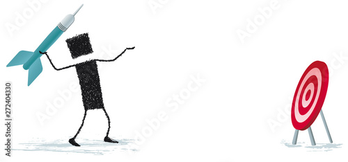 Pointing, isolated on white background. A businessman pointing to the target with a dart.