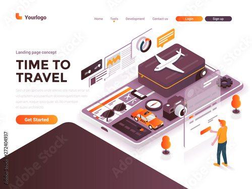 Flat color Modern Isometric Concept Illustration - Time to Travel