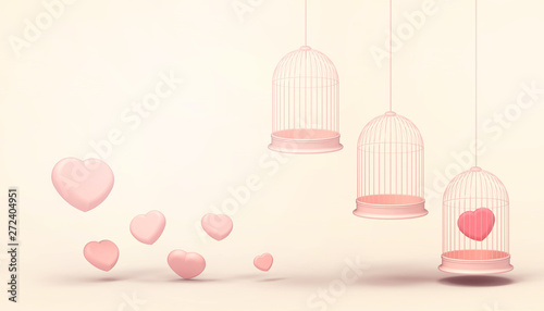 Pink heart balloons trapped in triple Float cage and minimal Pink heart group , Love concept - Valentine style - Modern Art pastel Yellow background - 3d rendering