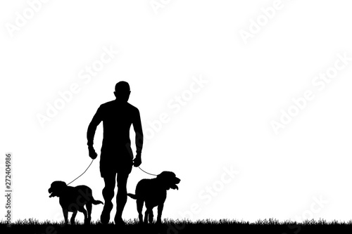 silhouetteMen and dogs walking on the beach on white background photo