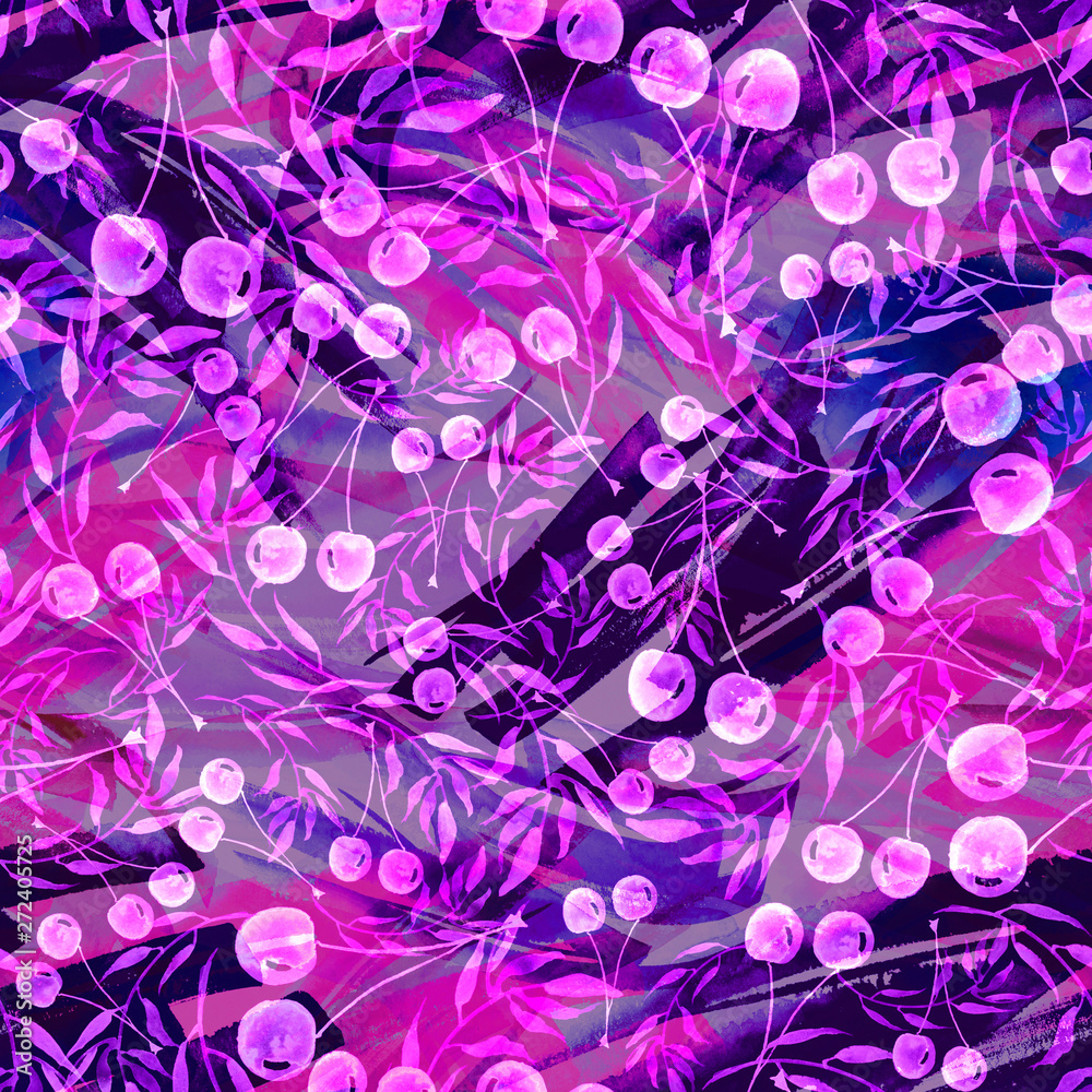 Seamless watercolor pattern with the image of a cluster of berries of a mountain ash, cherry, viburnum, leaves. In the decorative style. red, pink, violet white color. Abstract splash of paint Seamless watercolor pattern with the image of a cluster of berries of a mountain ash, cherry, viburnum, leaves. In the decorative style. red, pink, violet white color. Abstract splash of paint