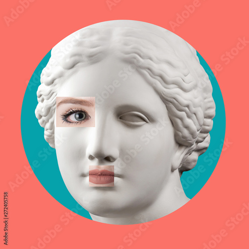 Contemporary art poster with ancient statue of Venus head and details of a li...