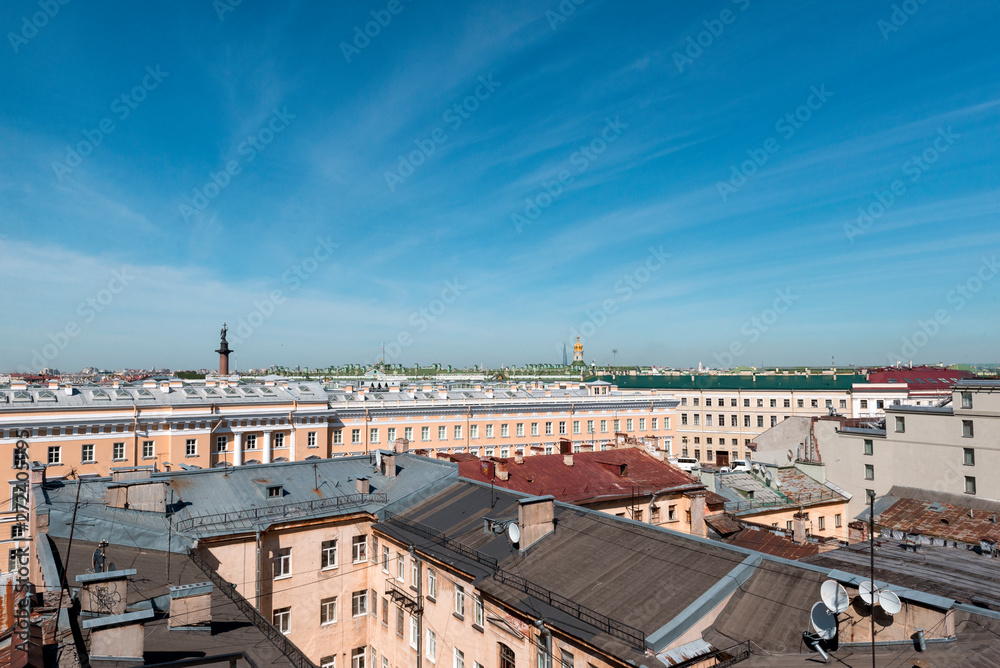 view of St. Petersburg ,  roof of old buildings in the center of the old city, blue sky