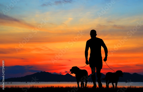 Photography silhouette man and dog  walk on the beach