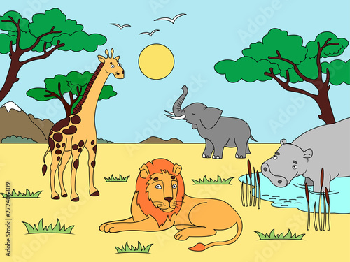 Children drawing. Animals of Africa, mainland mammals, zoo. Raster