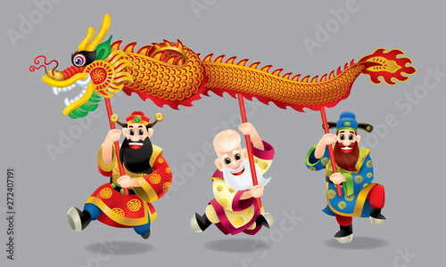 Three cute Chinese gods (represent long life, wealthy and career) are performing dragon dance. With different posts. Isolated.