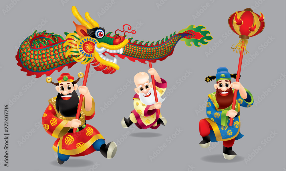 Naklejka premium Three cute Chinese gods (represent long life, wealthy and career) are performing dragon dance. With different posts. Isolated.