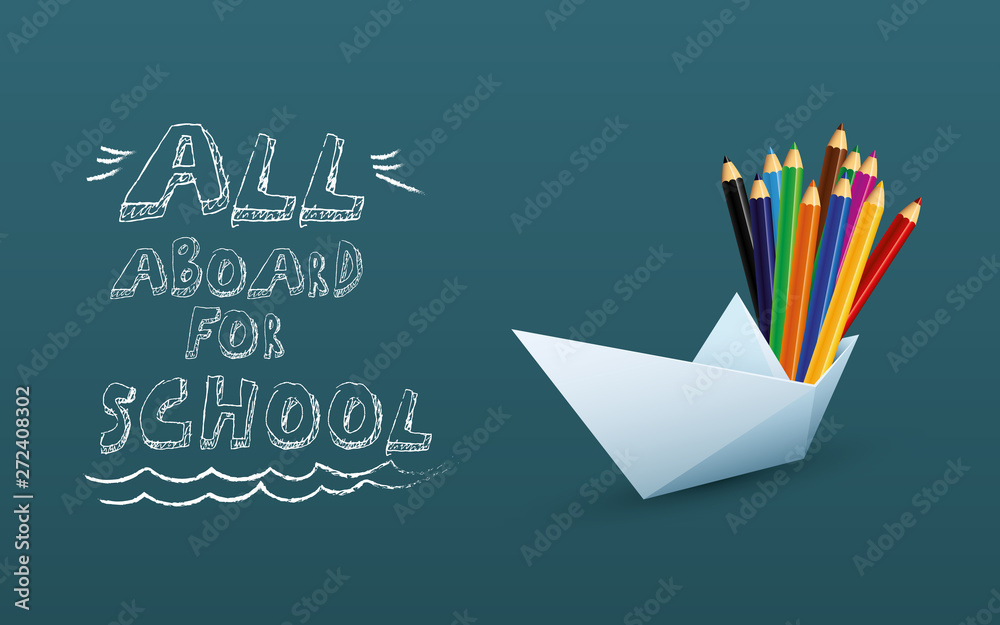 Back to shool poster vector template with paper boat and color pencils, hand drawing on chalkboard. Fun and adventure at school, shopping for supplies, sale and offers promotion.