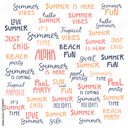 Big set of hand written summer lettering quotes, in blue, orange, pink. Hand drawn vector illustration. Isolated objects on white background. Flat style design. Concept, element for poster, banner.