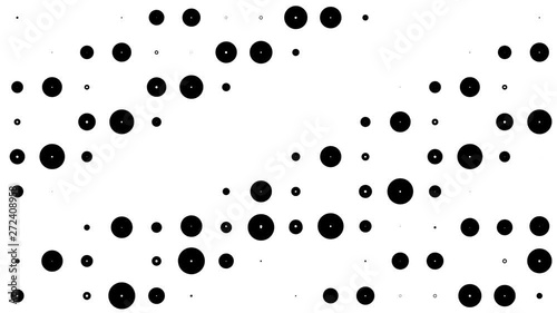 Halftone texture. Gradient effect with circle dots. Inclined parallel movement of halftones. Abstract black white motion background. Seamless looping animation.