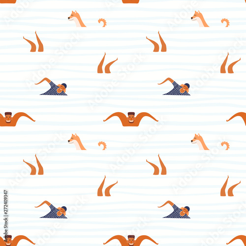 Hand drawn seamless vector pattern with happy young people, dog swimming in the sea, on a waves background. Flat style design illustration. Concept for textile print, wallpaper, wrapping paper.