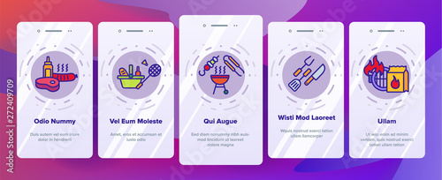BBQ Equipment, Tools Linear Vector Icons Set. Barbecue Thin Line Contour Symbol. BBQ Cooking Onboarding Mobile App Page Screen. Outdoor Leisure, Picnic, Hiking Concept. Grill Cooking Illustration