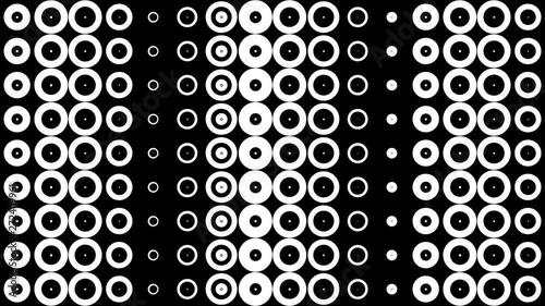 Halftone texture. Gradient effect with circle dots. Horizontal parallel movement of halftones. Abstract black white motion background. Seamless looping animation.
