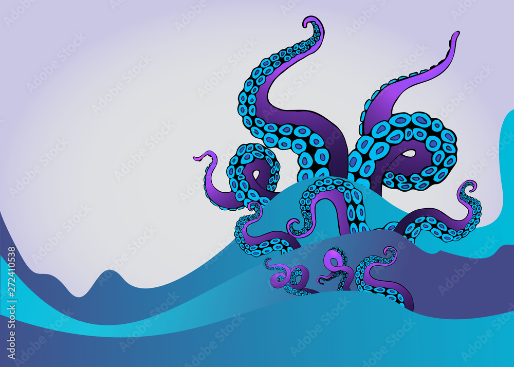 Octopus tentacle in sea waves. Underwater ocean monster Kraken. Stock ...