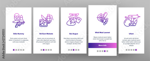 Criminal Acts, Bandit Thin Line Icons Set. Bandit Crimes Onboarding Mobile App Page Screen. Theft, Abuse, Murder, Burglary. Terrorism, Gambling, Smuggling Crimes Illustration