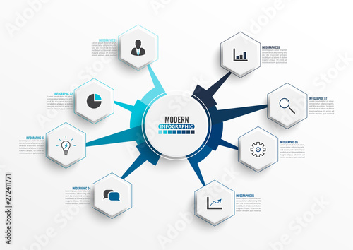 Vector infographic template with 3D paper label, circles. Business concept with 8 options. For content, diagram, flowchart, steps, parts, timeline infographics, workflow, chart.