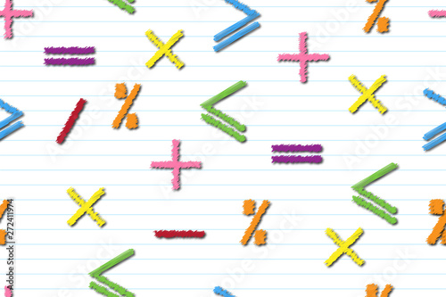 Mathematical seamless pattern of multi-colored math signs on a stripe-lined sheet  concept of education or business