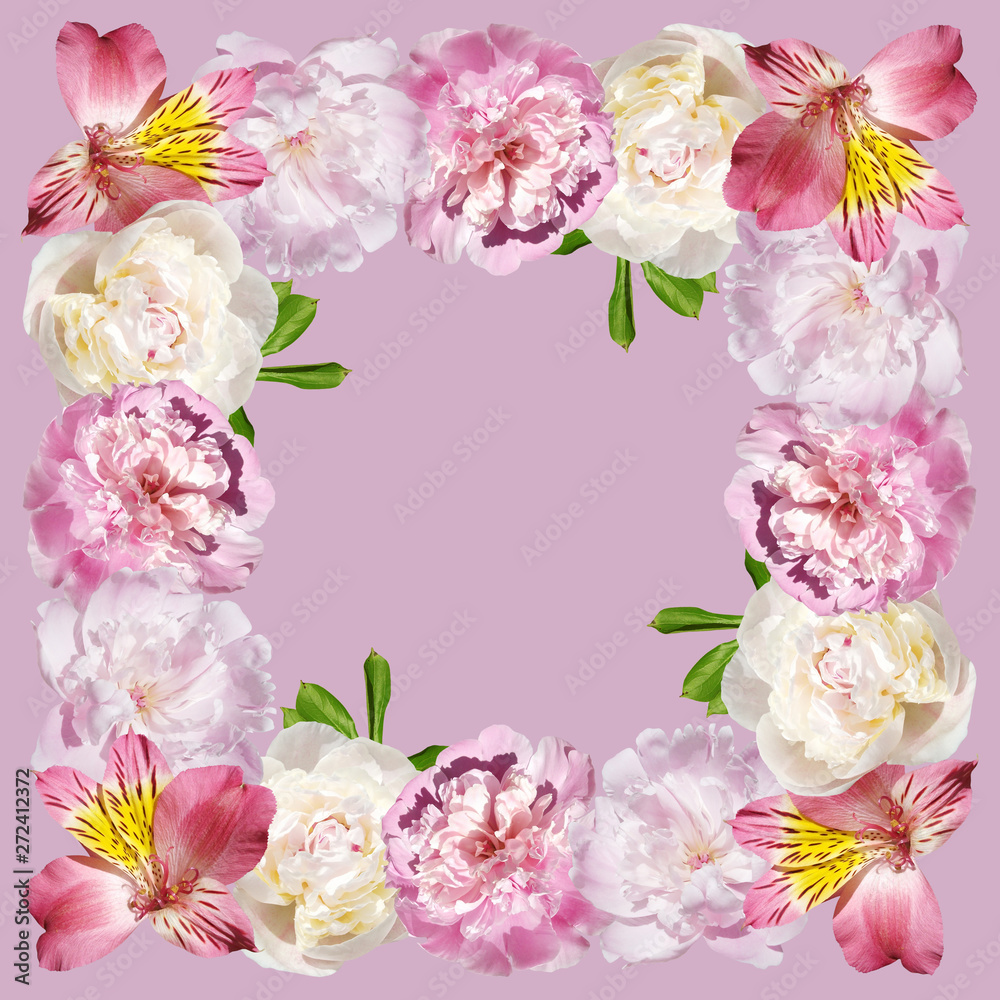 Obraz premium Beautiful floral pattern of alstroemeria and peonies. Isolated 