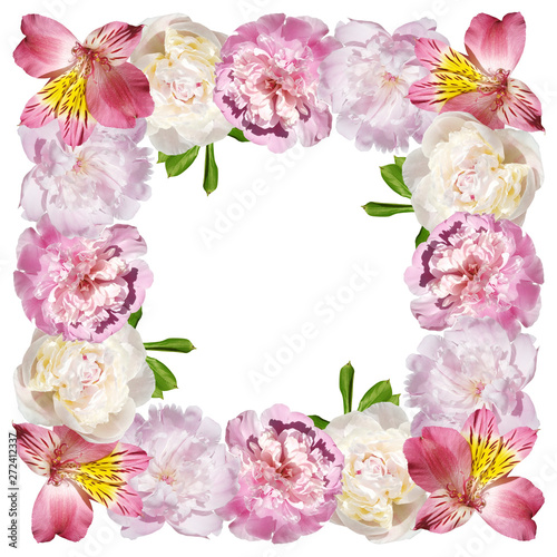 Beautiful floral pattern of alstroemeria and peonies. Isolated 