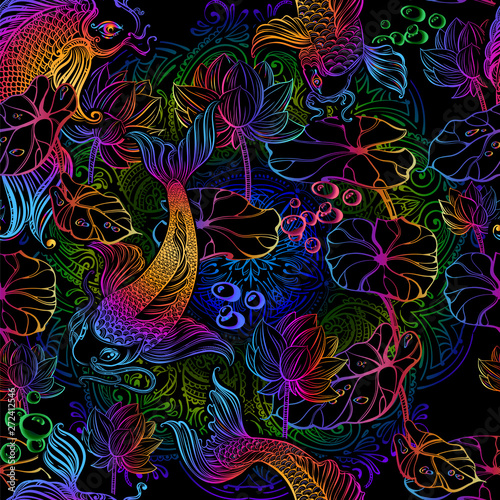 Seamless pattern. Decorative background consisting of Indian mandalas, elements of Paisley, Lotus and carp Koi. Arabic, Indian, Japanese motifs. Perfect for printing on fabric or paper