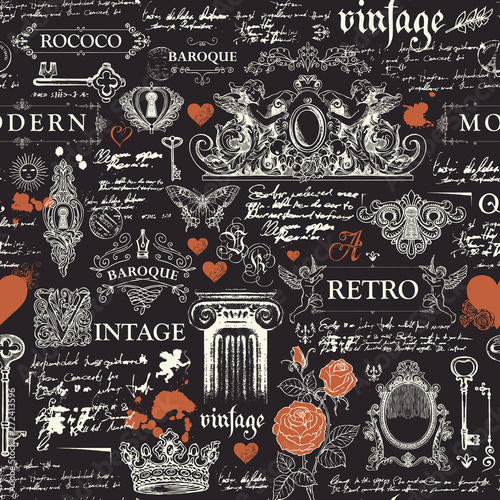 Vector seamless pattern, hand drawn background on the theme of vintage art objects, furniture and Antiques in retro style. Wallpaper, wrapping paper, textile, fabric or background for clothes