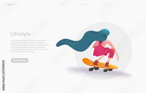 Concept skating on a longboard skateboard. Young female girl with long bright hair performs a trick on a skateboard. Isolated vector illustration in cartoon style.