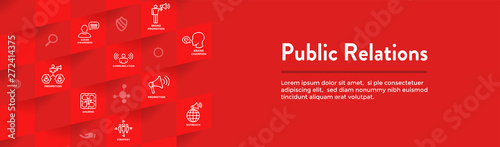 Public Relations Web Header Banner and Icon Set with brand awareness, strategy, and promotion