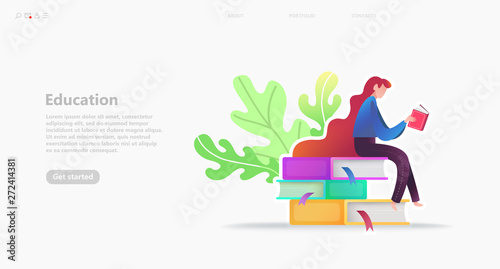 Business concept of reading a book for effective education. A bright cartoon character of indefinite sex sits on a mountain of books. Isolated vector illustration in cartoon style for web banner