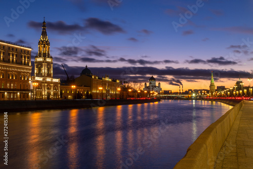 Beautiful sunset on Moskva river embankment with a view of Kremlin wall and Cathedral of Christ the Saviour in Moscow  Russia