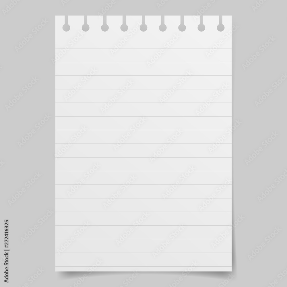 Realistic vector illustration of blank sheets of lined paper from a block isolated on a gray background with shadows. Notebook paper Realistic vector illustration of blank sheets of lined paper from a block isolated on a gray background with shadows. Notebook paper